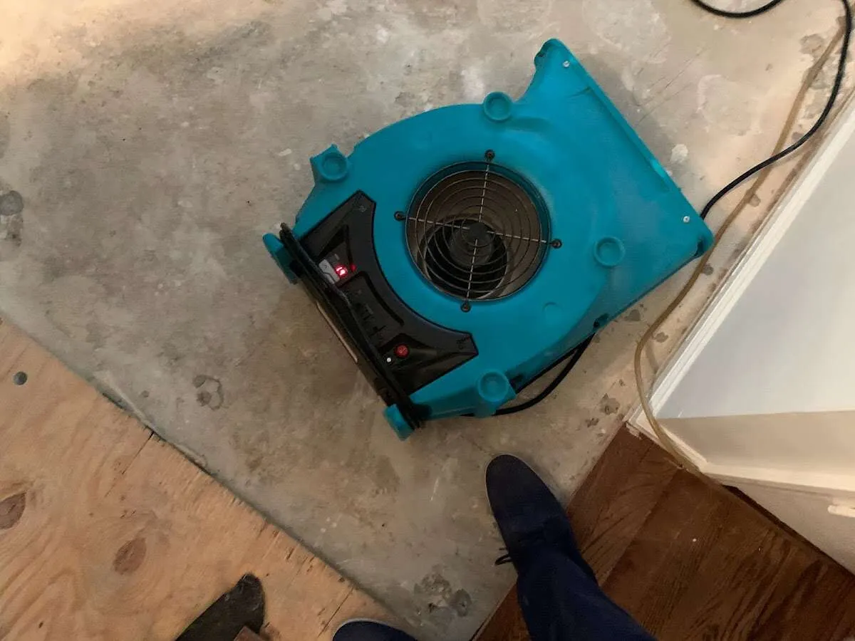 Air mover drying subfloor during Leak Detection & Repair in Honey Brook